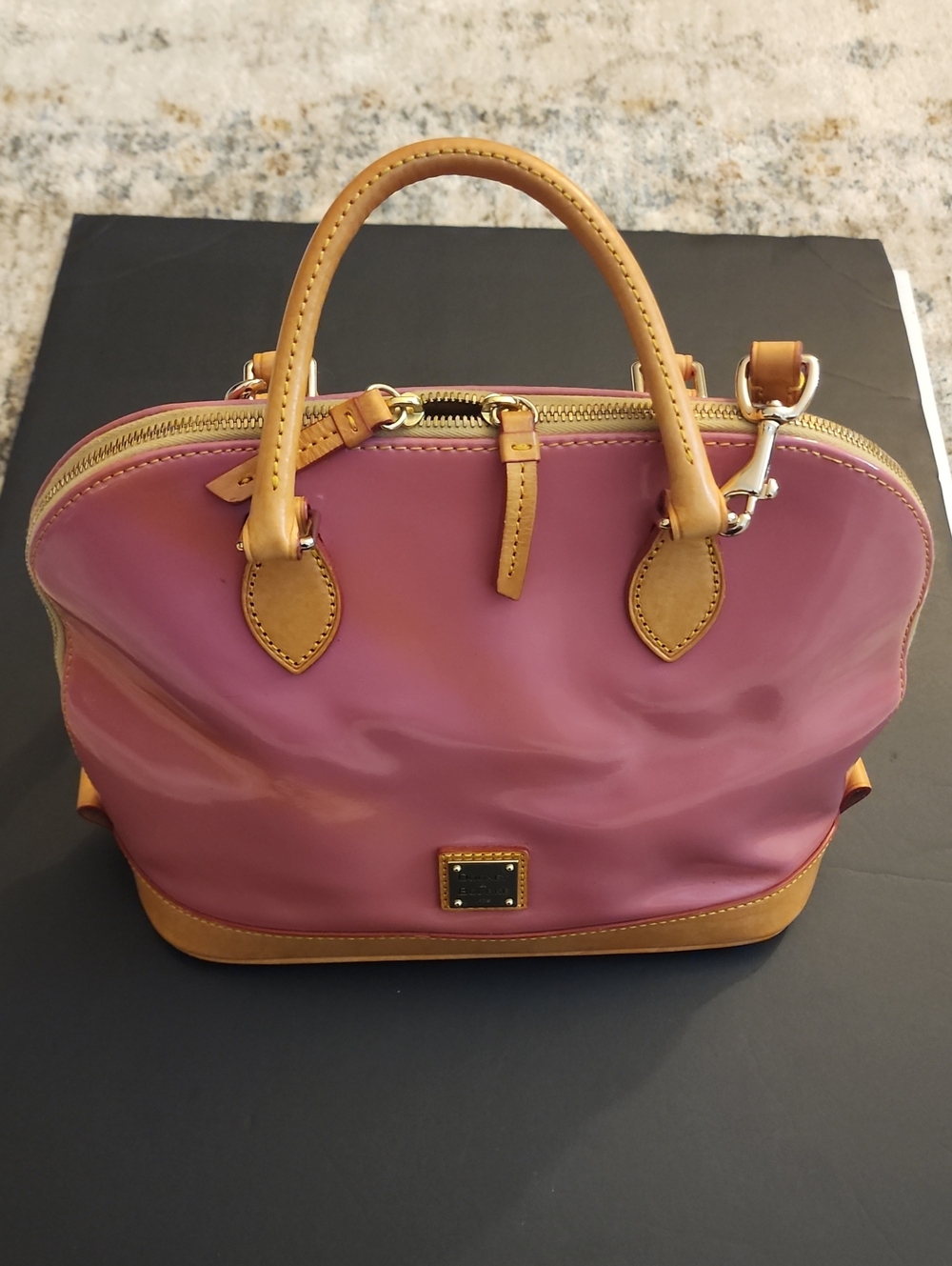 Dooney & Bourke Zip Zip Bubble Gum Patent Leather Satchel with Tan Leather Trim
